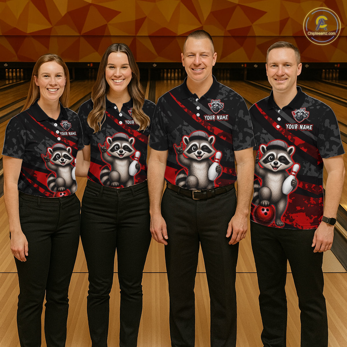 Four people wearing matching bowling shirts with raccoon graphics on a bowling alley background.