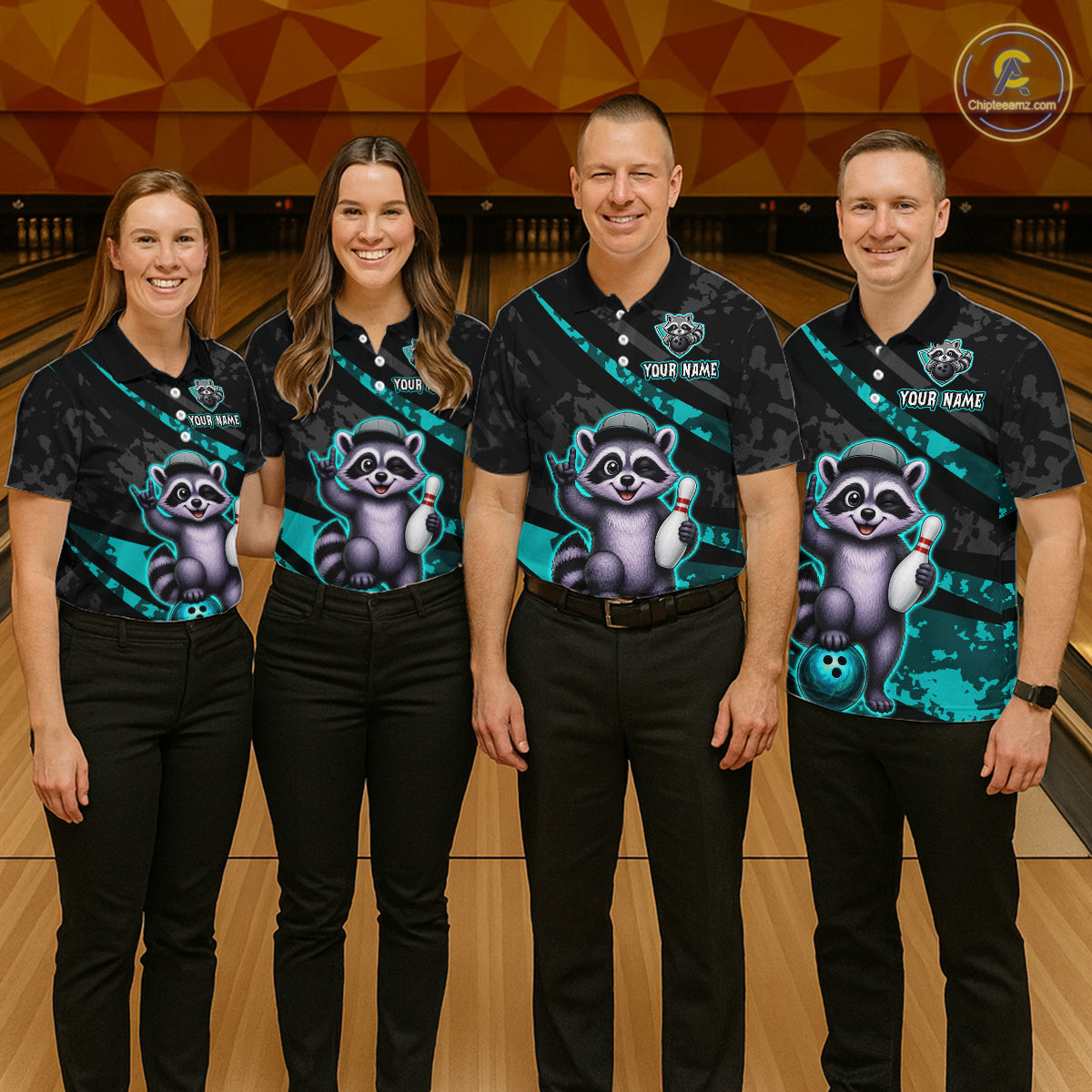 Four people wearing matching bowling shirts with raccoon graphics on a bowling alley.
