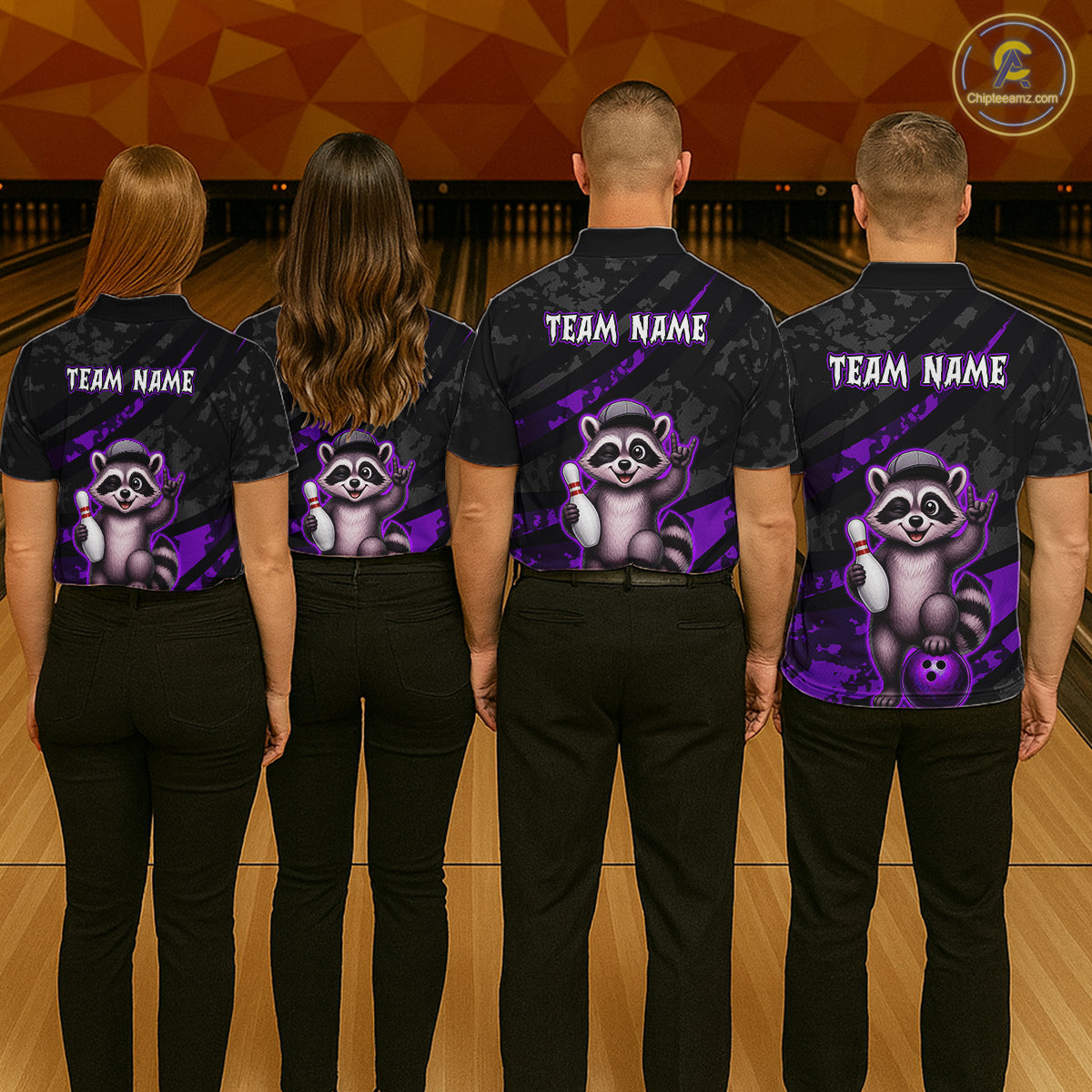 Four people wearing bowling shirts with a raccoon design and 'Team Name' text on a bowling alley background.