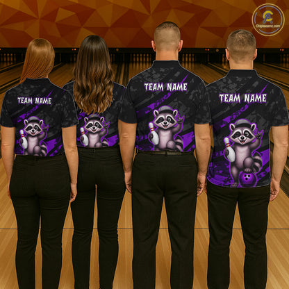 Four people wearing bowling shirts with a raccoon design and 'Team Name' text on a bowling alley background.