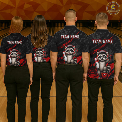 Four people wearing bowling shirts with a raccoon design and 'Team Name' text on a bowling alley background.
