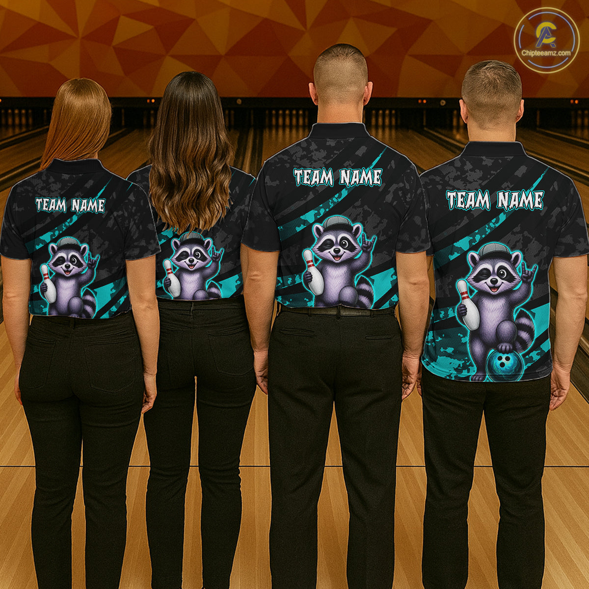 Four people wearing bowling shirts with a raccoon design and 'Team Name' text on a bowling alley background.