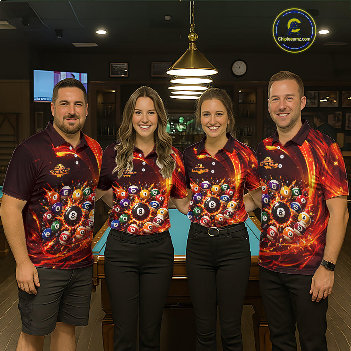 Four people wearing matching billiard shirt designs in a billiard alley.