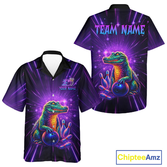 Custom Crocodile Neon Hawaiian Bowling Jersey for Men Women Bowling Team Shirts Bowling League HNT208