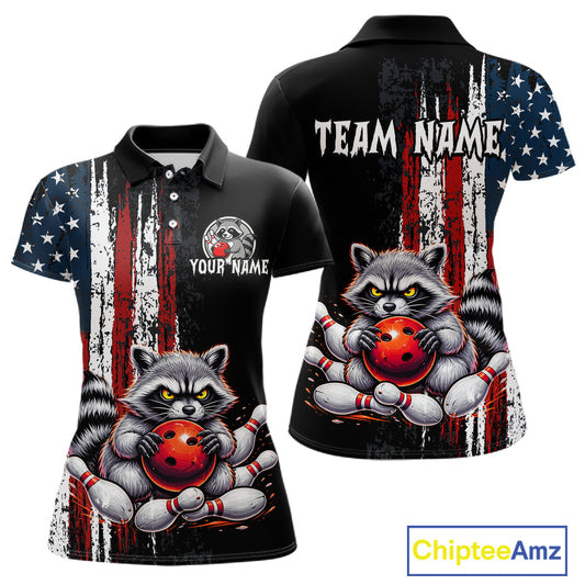 Custom us flag raccoon bowling jersey for women, personalized team bowling polo shirt front view and back view