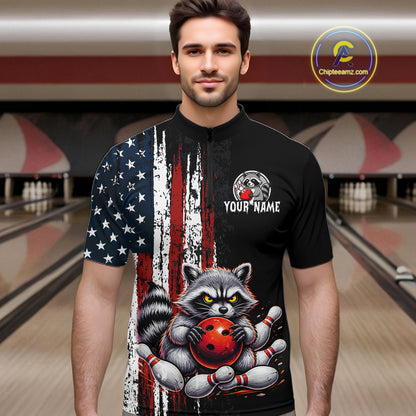 Men’s us flag raccoon bowling quarter zip shirt, front view on male model in bowling lane 