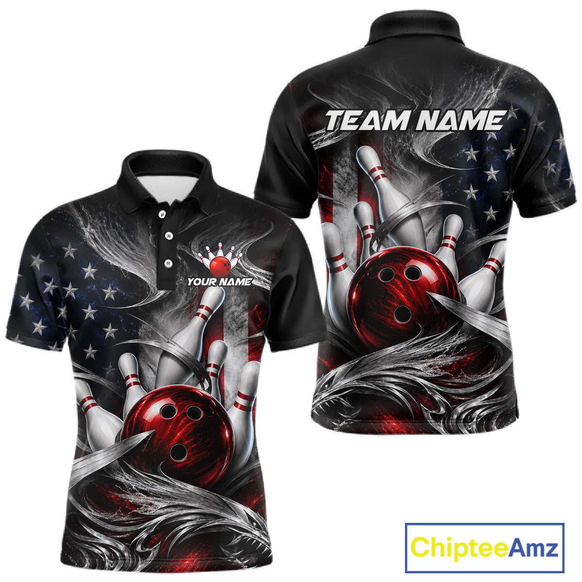 Front and back views of a black short-sleeve polo shirt with a bowling-themed graphic print featuring red bowling balls, white bowling pins, stars, and the text 'TEAM NAME' and 'YOUR NAME'.