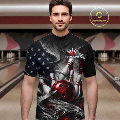 A man wearing a black short-sleeve quarter-zip cycling jersey with a bowling-themed graphic print featuring bowling pins, bowling balls, and an American flag design. The jersey has a placeholder text 'YOUR NAME' on the chest.