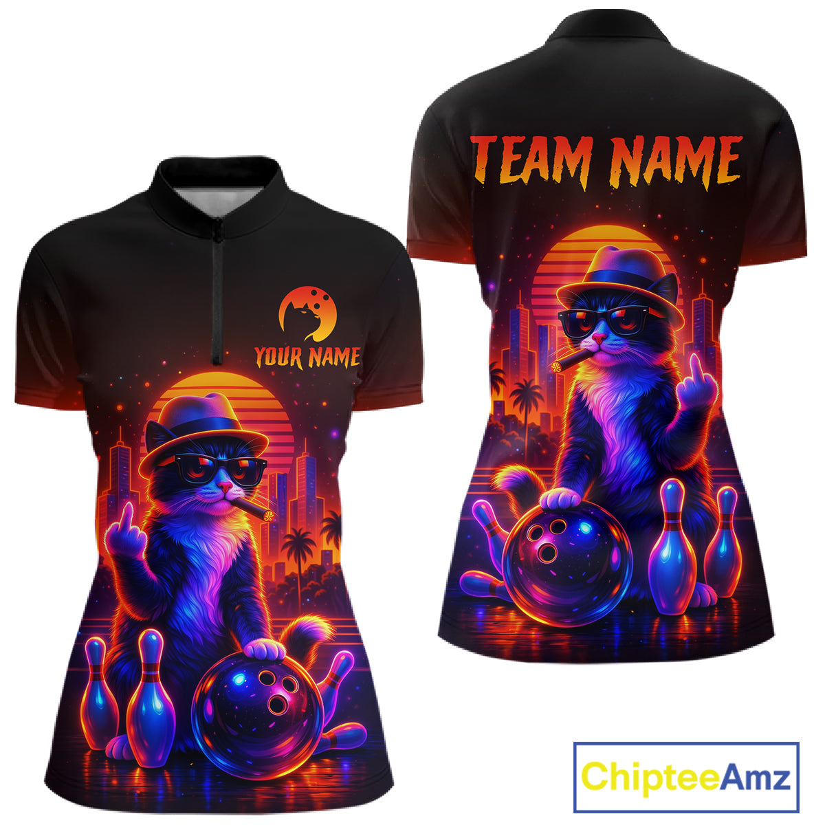 Custom Funny Cat Bowling Jersey for Women Bowling Tournament Polo & 1/4 Zip Bowling Team Shirts HNT204