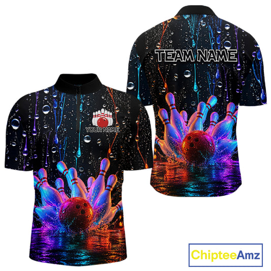 Bowling-themed quarter zip  shirt with colorful design and space for customization on a white background.