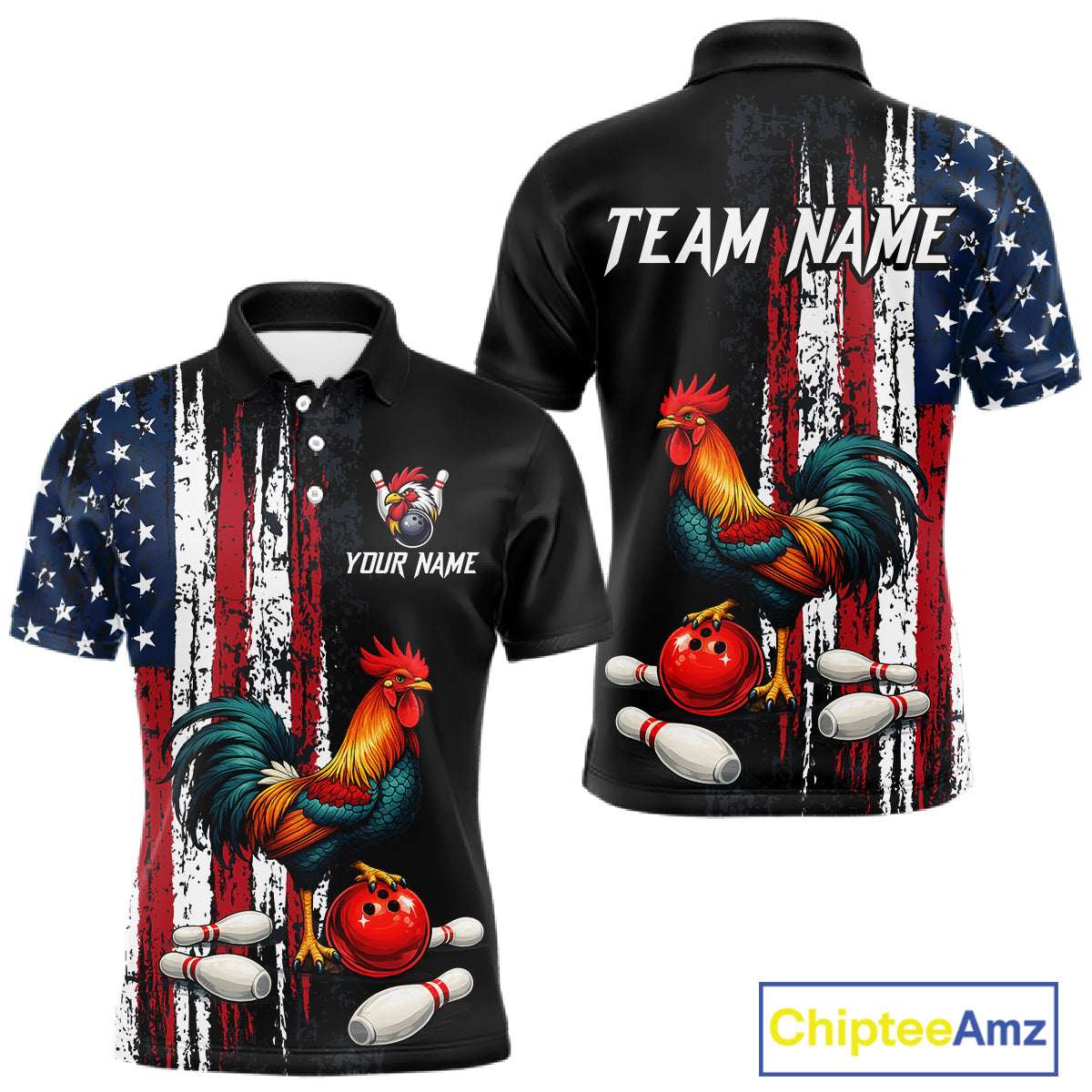 American Flag Rooster Bowling Jersey for Men Bowling Team Shirts Bowling Polo & 1/4 Zip HNT253