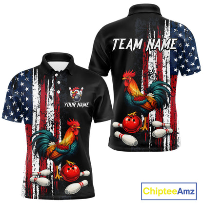 American Flag Rooster Bowling Jersey for Men Bowling Team Shirts Bowling Polo & 1/4 Zip HNT253