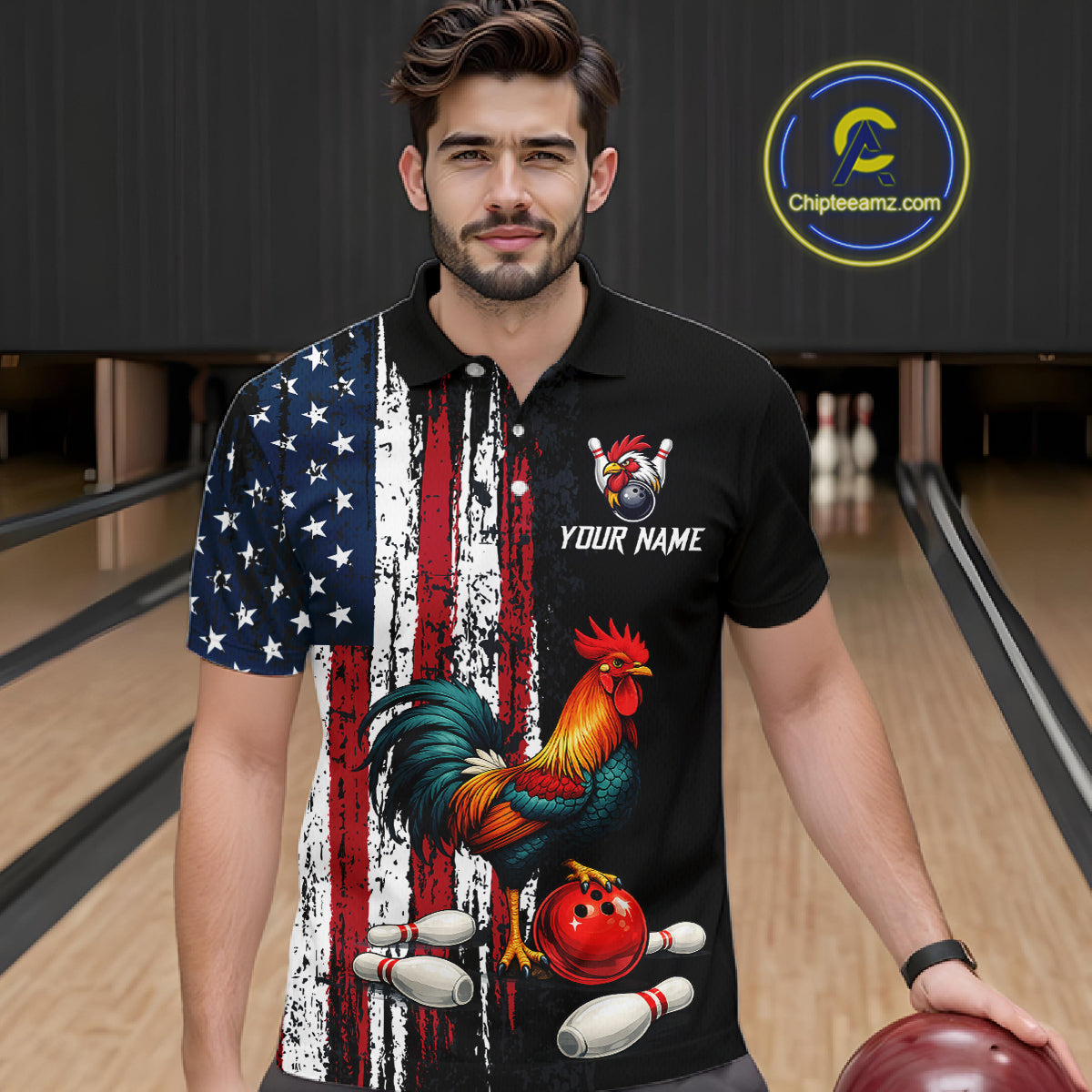 American Flag Rooster Bowling Jersey for Men Bowling Team Shirts Bowling Polo & 1/4 Zip HNT253
