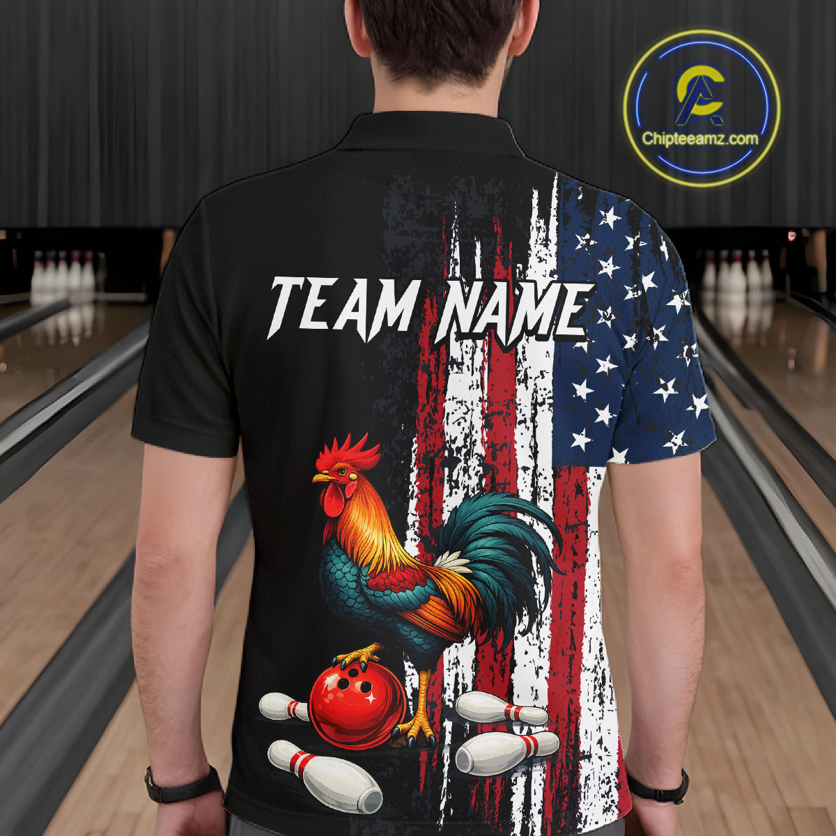 American Flag Rooster Bowling Jersey for Men Bowling Team Shirts Bowling Polo & 1/4 Zip HNT253