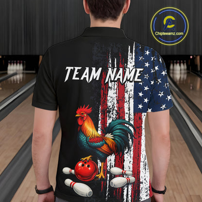 American Flag Rooster Bowling Jersey for Men Bowling Team Shirts Bowling Polo & 1/4 Zip HNT253