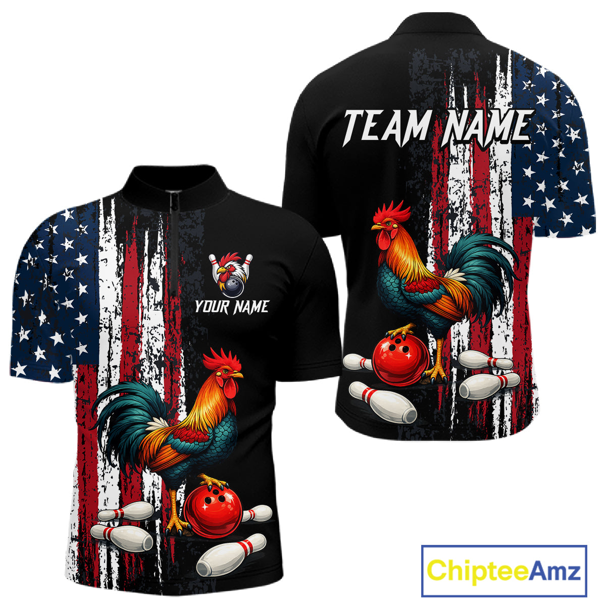 American Flag Rooster Bowling Jersey for Men Bowling Team Shirts Bowling Polo & 1/4 Zip HNT253