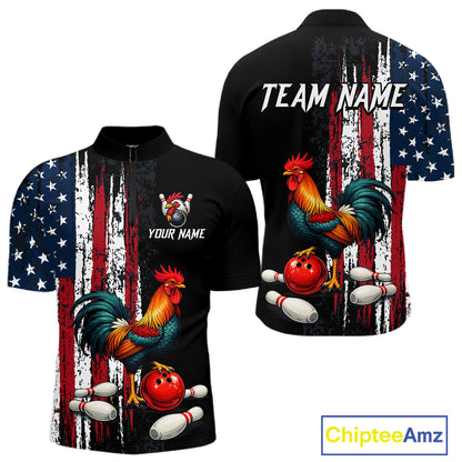 American Flag Rooster Bowling Jersey for Men Bowling Team Shirts Bowling Polo & 1/4 Zip HNT253