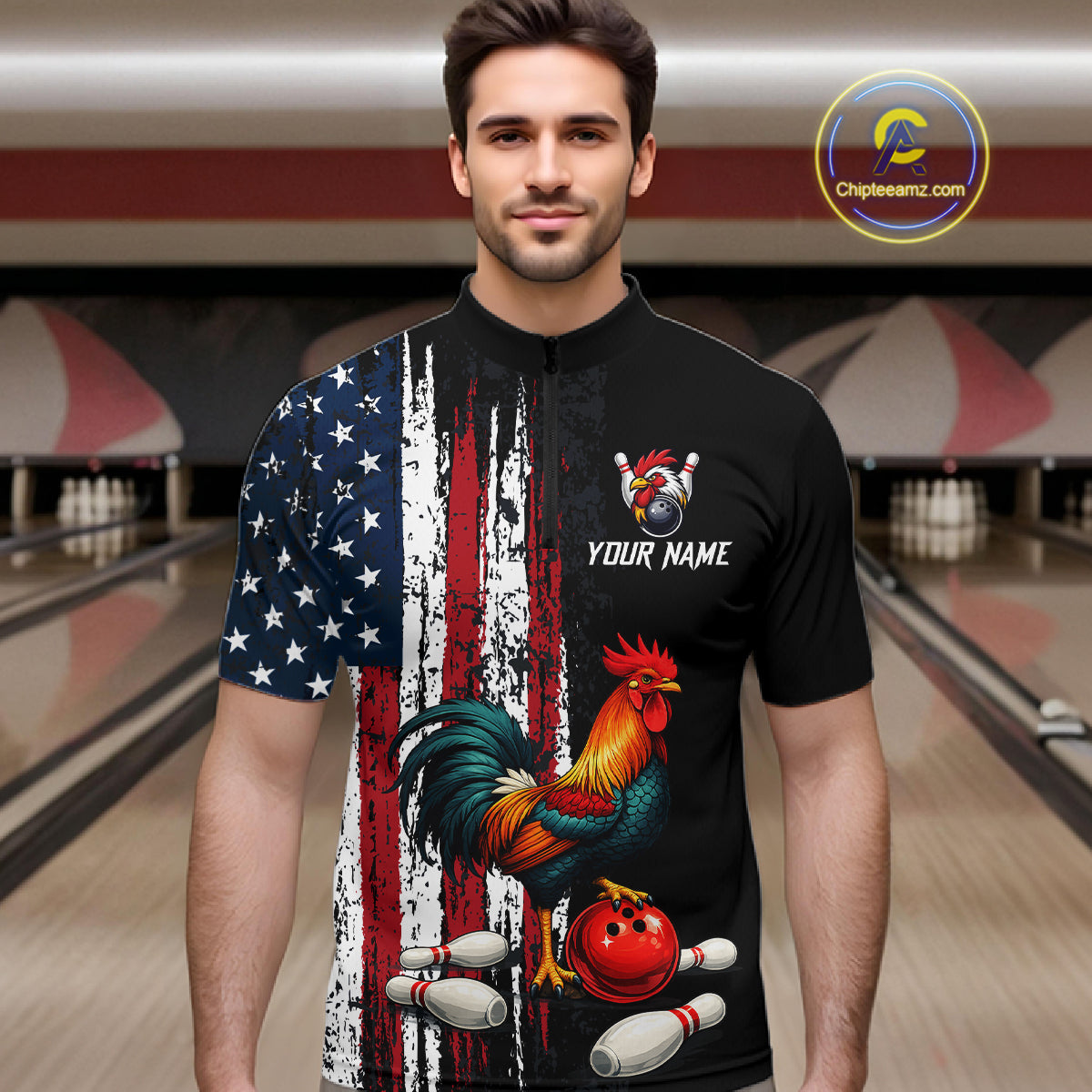 American Flag Rooster Bowling Jersey for Men Bowling Team Shirts Bowling Polo & 1/4 Zip HNT253