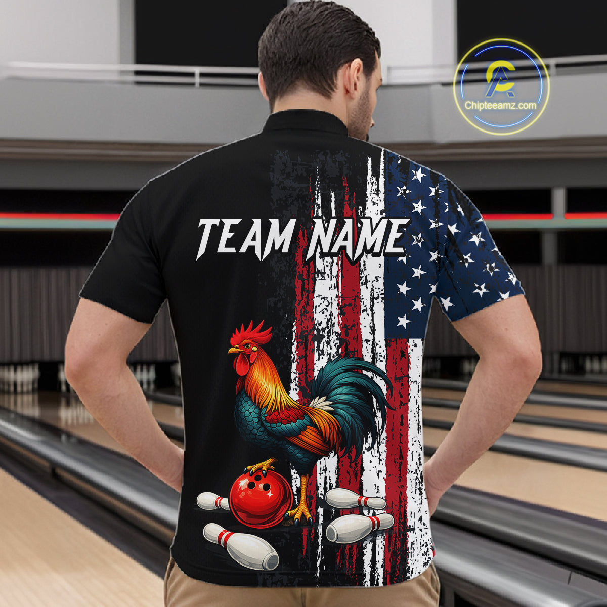American Flag Rooster Bowling Jersey for Men Bowling Team Shirts Bowling Polo & 1/4 Zip HNT253
