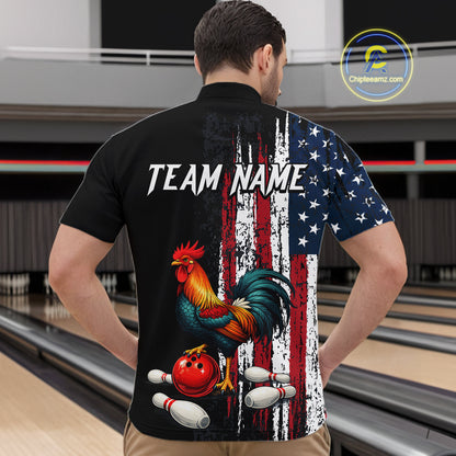 American Flag Rooster Bowling Jersey for Men Bowling Team Shirts Bowling Polo & 1/4 Zip HNT253