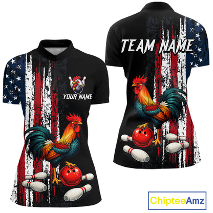 American Flag Rooster Bowling Jersey for Women Bowling Team Shirts Bowling Polo & 1/4 Zip HNT253