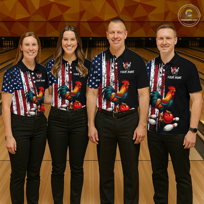 American Flag Rooster Bowling Jersey for Men Bowling Team Shirts Bowling Polo & 1/4 Zip HNT253