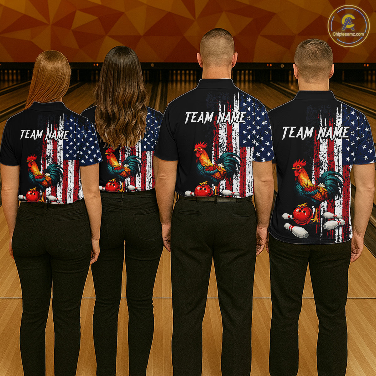 American Flag Rooster Bowling Jersey for Men Bowling Team Shirts Bowling Polo & 1/4 Zip HNT253