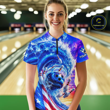 Custom American Wave Patriotic Bowling Jersey for Women Unisex Bowling Team Shirts Polo & 1/4 Zip HNT343