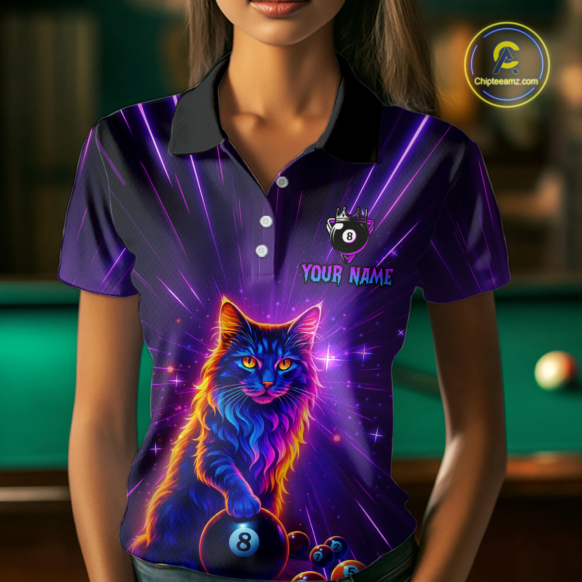 Personalized Funny Neon Cat 8 Ball Pool Women Billiard Polo & 1/4 Zip, Billiard Shirt, Billiard Team Jerseys NNT143