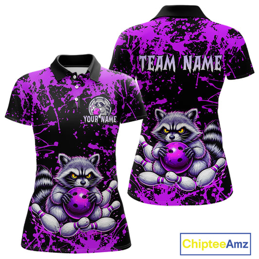 Custom Purple Raccoon Bowling Jersey for Women Bowling Uniform Polo & 1/4 Zip Bowling Team Shirts HNT224