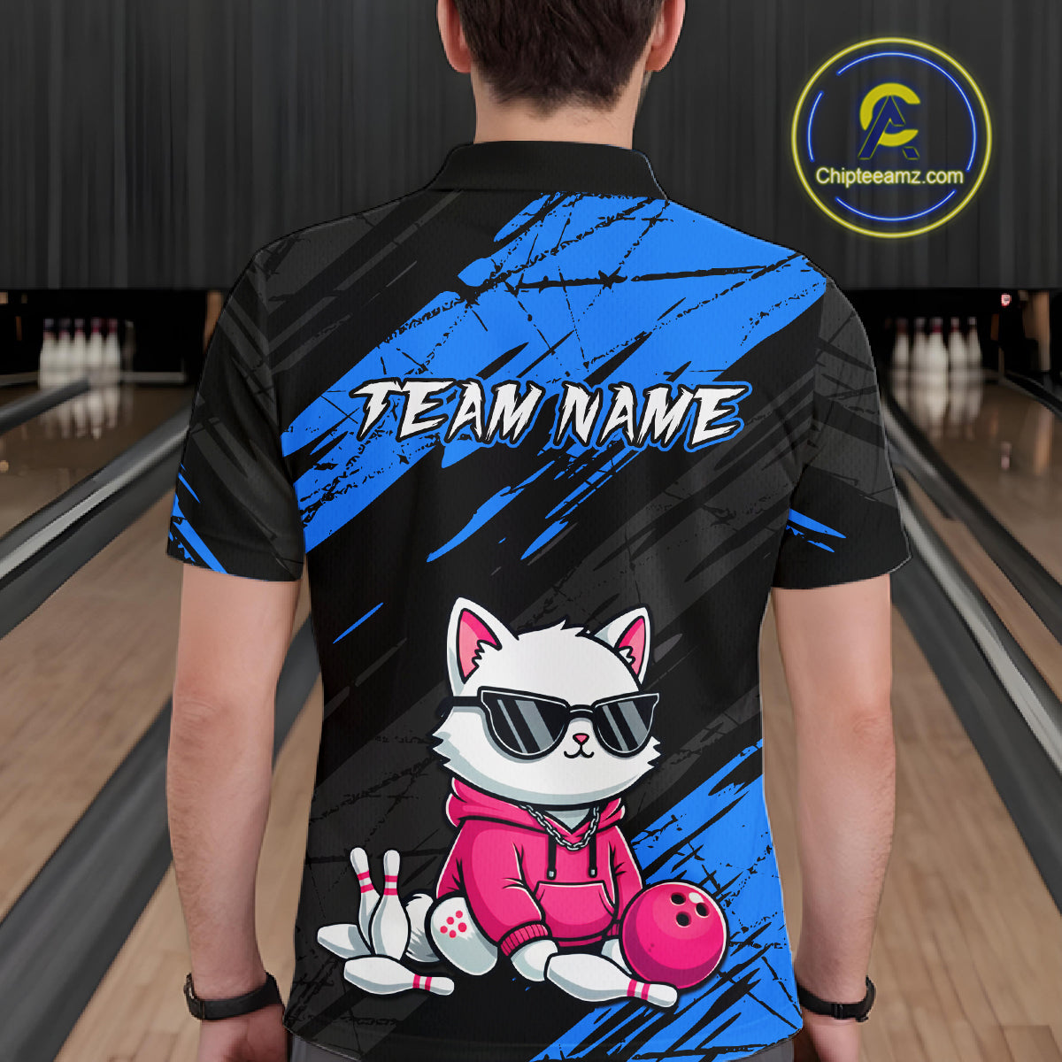 Custom Funny Blue Cat Bowling Jersey for Men Bowling Team Shirts Bowling Polo & 1/4 Zip HNT257