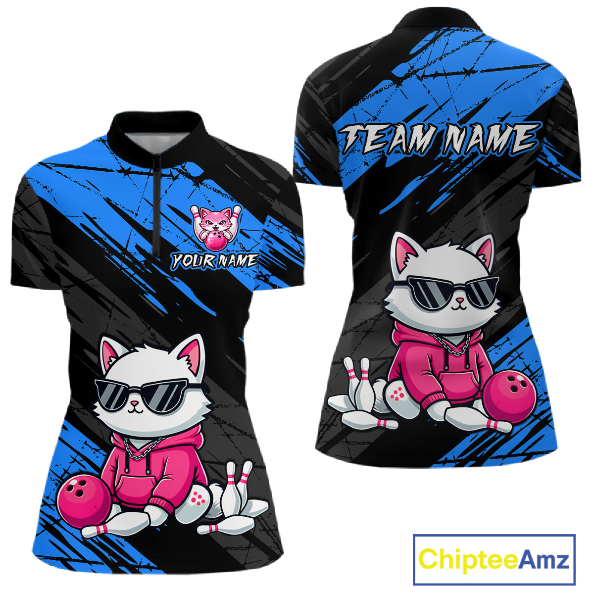 Custom Funny Blue Cat Bowling Jersey for Women Bowling Team Shirts Bowling Polo & 1/4 Zip HNT257