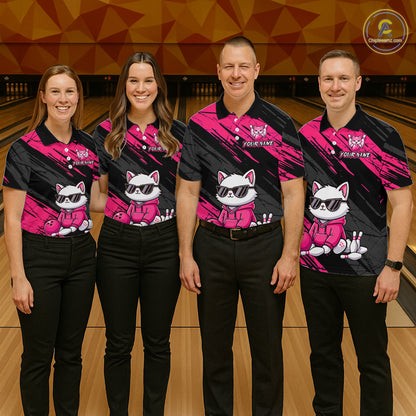 Custom Funny Pink Cat Bowling Jersey for Men Bowling Team Shirts Bowling Polo & 1/4 Zip HNT257