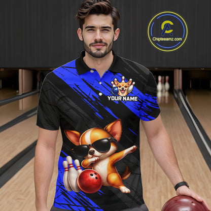 Man wearing a custom polo shirt with a dog bowling design in a bowling alley.