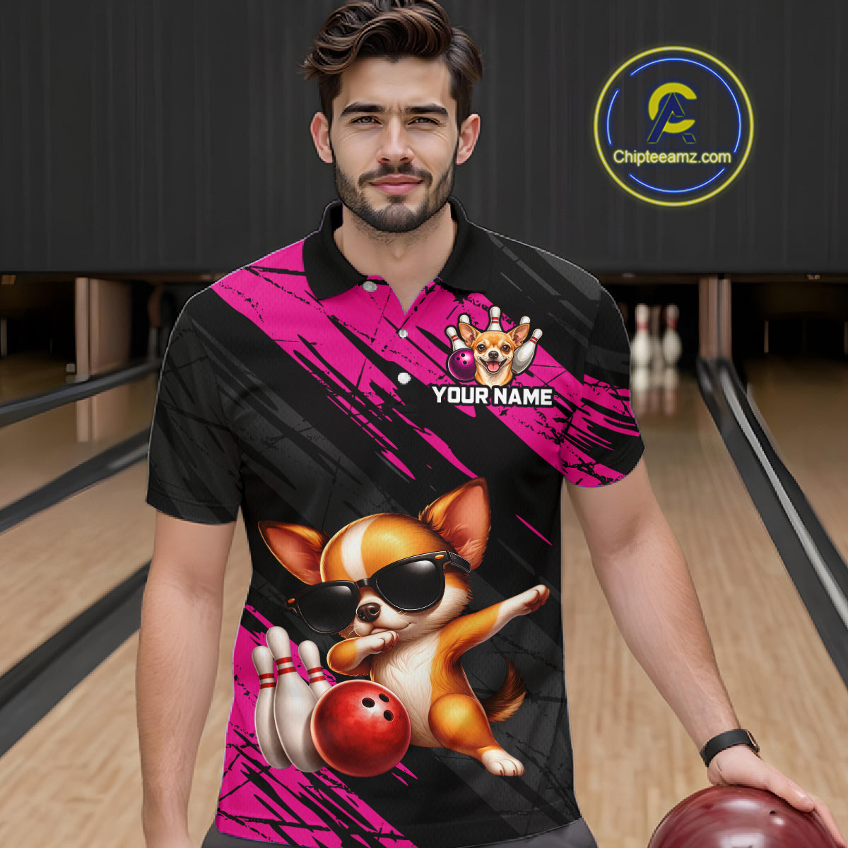 Man wearing a colorful polo shirt with a dog graphic and bowling elements in a bowling alley.