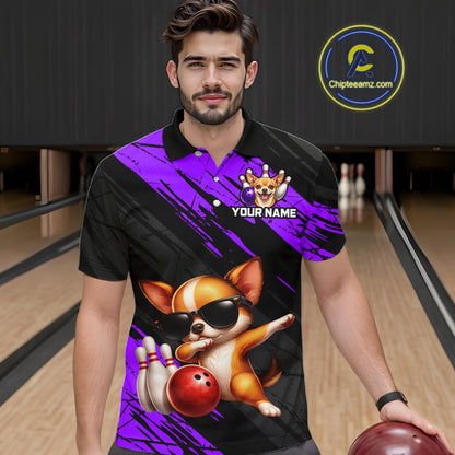 Man wearing a custom polo shirt with a dog design and bowling elements in a bowling alley.
