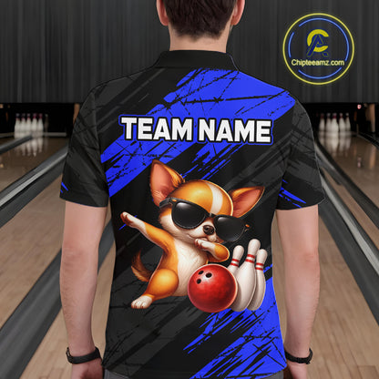 Person wearing a bowling shirt with a dog graphic and 'TEAM NAME' text in a bowling alley.