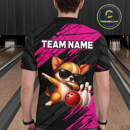 Person wearing a bowling shirt with a dog graphic and 'TEAM NAME' text in a bowling alley.