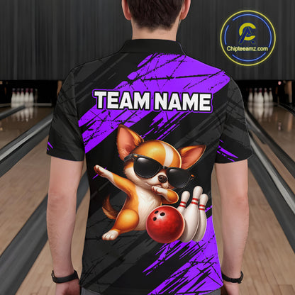 Person wearing a bowling shirt with a dog graphic and 'TEAM NAME' text in a bowling alley.