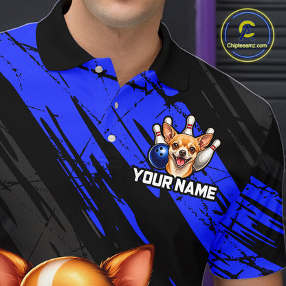 Black and blue polo shirt with a dog bowling graphic and 'Your Name' text, brand logo visible.