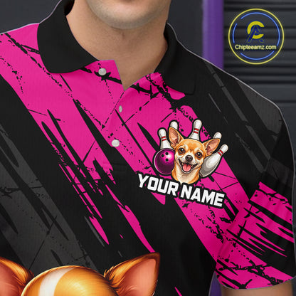 Black and pink polo shirt with a dog graphic and customizable text on a blurred background.