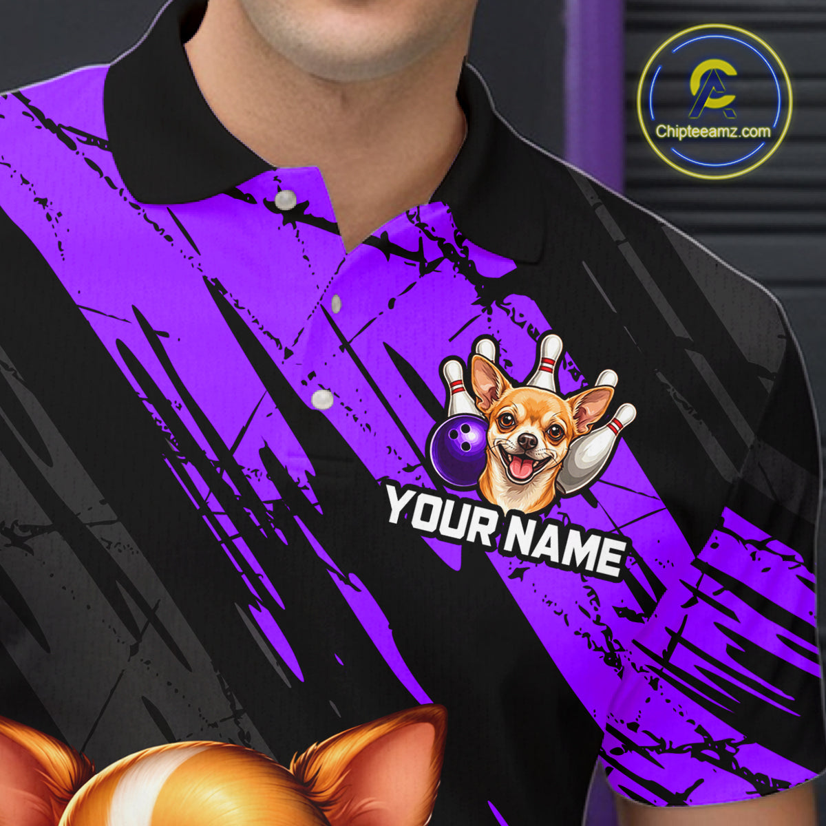 Black and purple polo shirt with a dog bowling graphic and 'Your Name' text, brand logo visible.