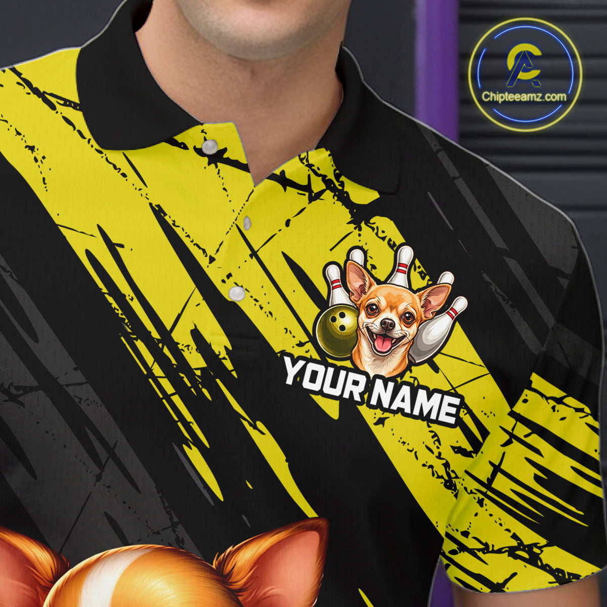 Black and yellow polo shirt with a dog graphic and 'Your Name' text, featuring the Chipleemazz.com logo.