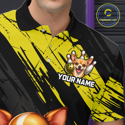 Black and yellow polo shirt with a dog graphic and 'Your Name' text, featuring the Chipleemazz.com logo.