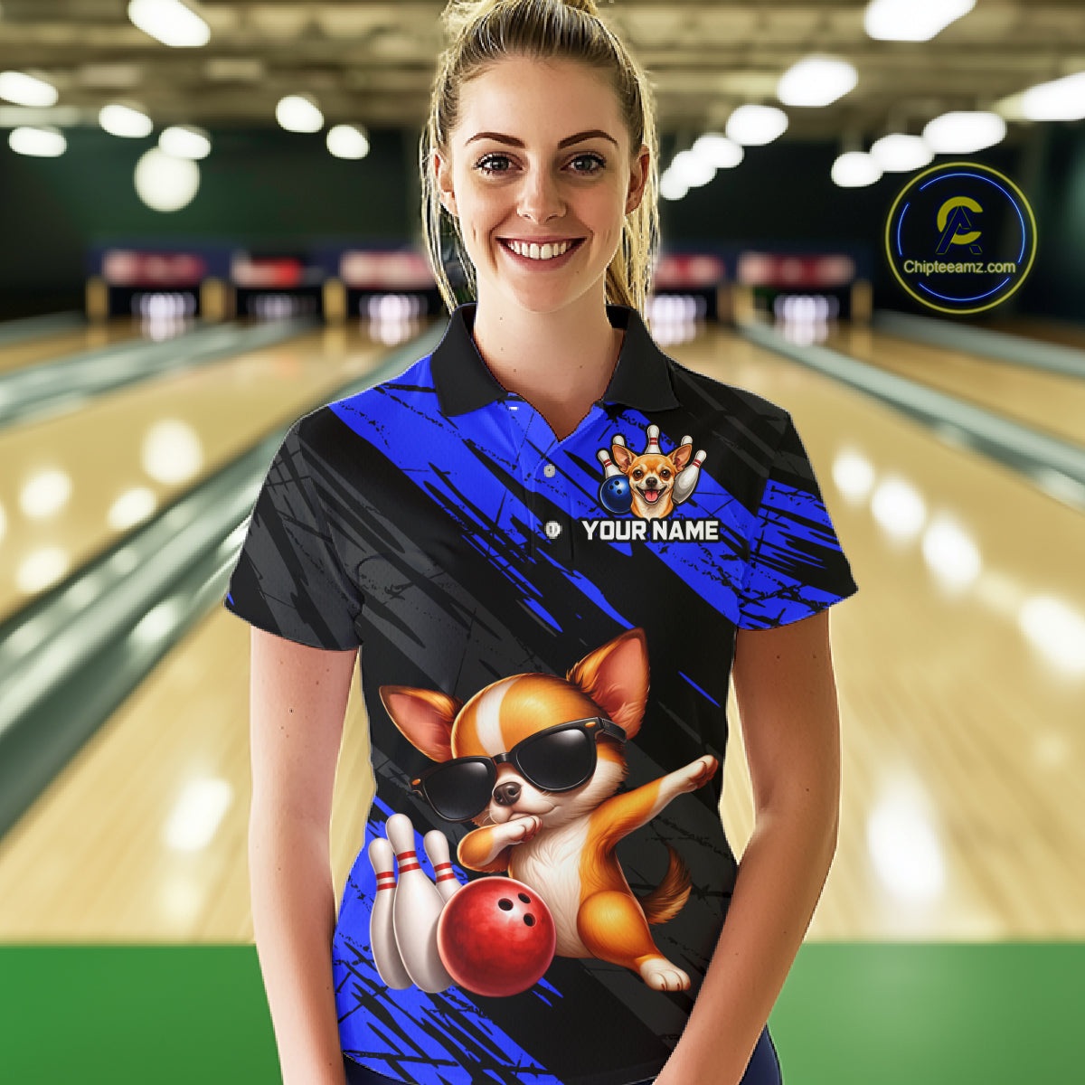 Person wearing a custom bowling shirt with a dog design in a bowling alley.
