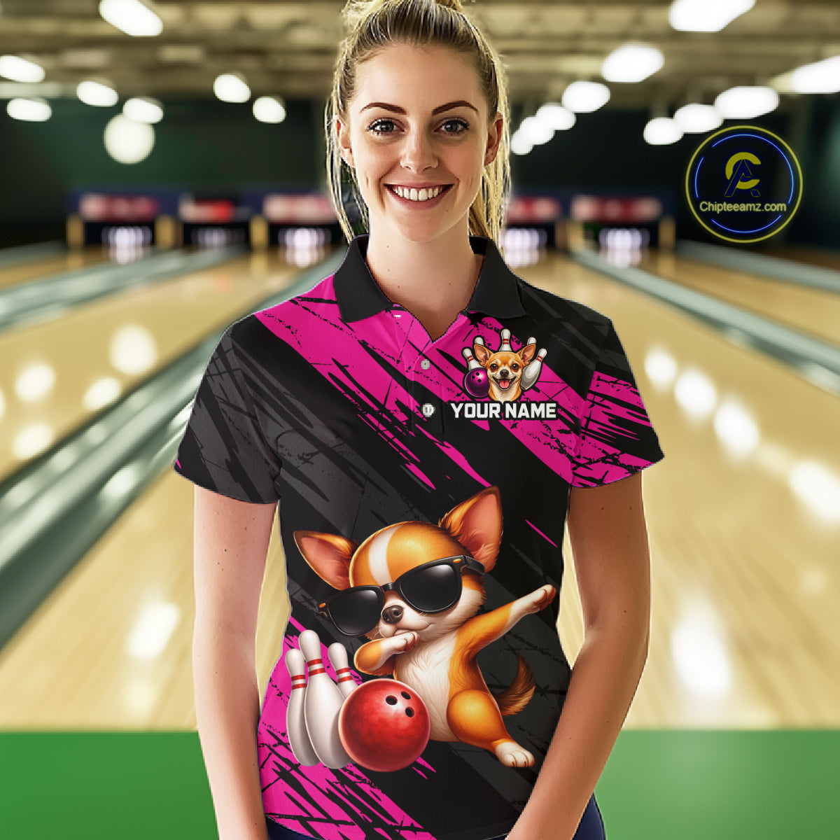 Person wearing a custom bowling shirt with a dog design in a bowling alley.