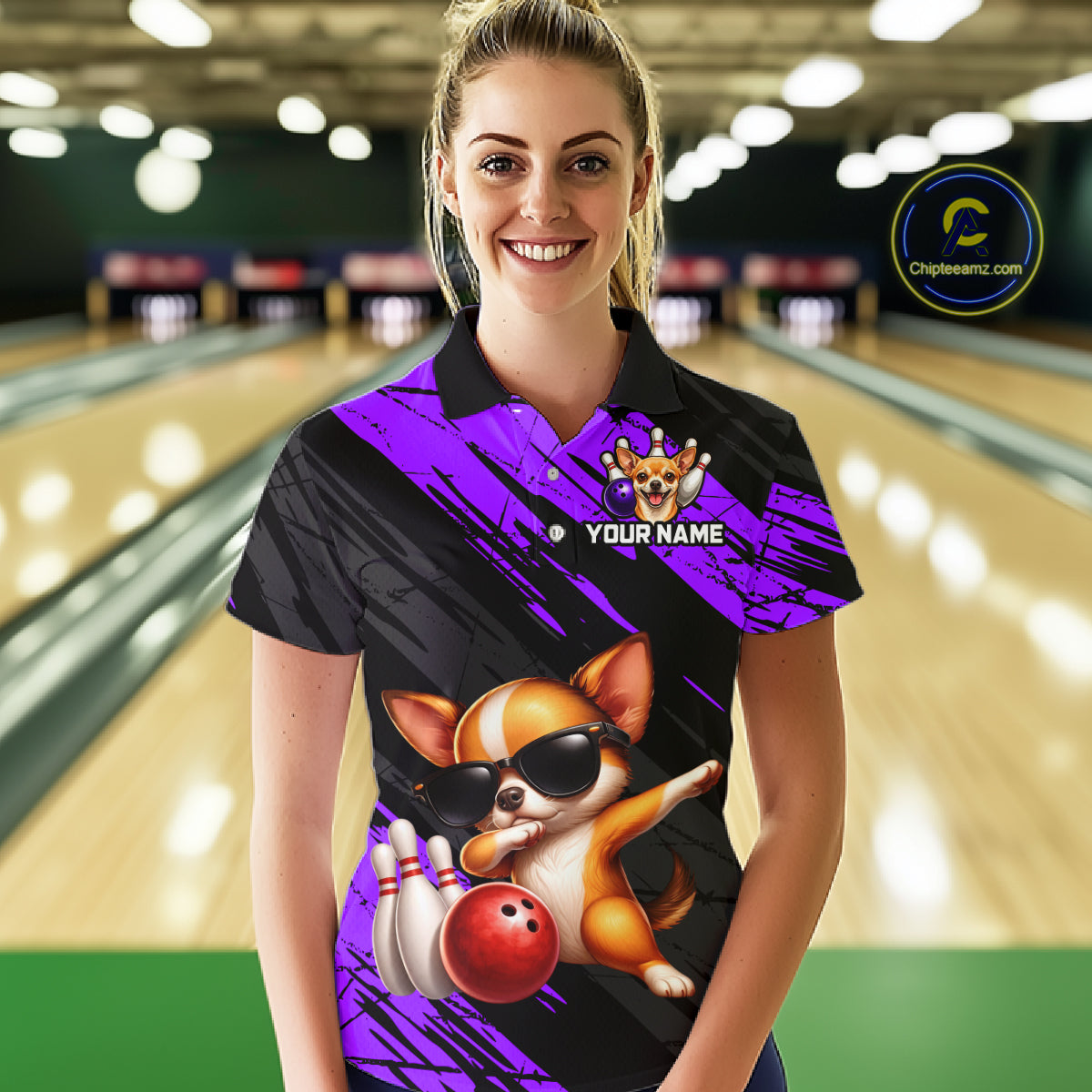 Person wearing a bowling shirt with a dog design in a bowling alley