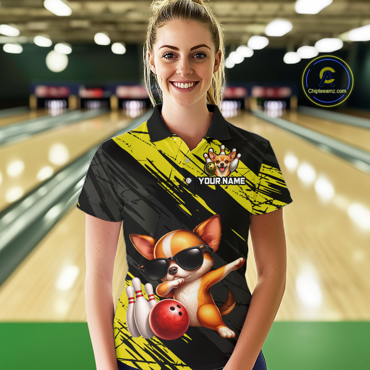 Person wearing a bowling shirt with a dog design in a bowling alley