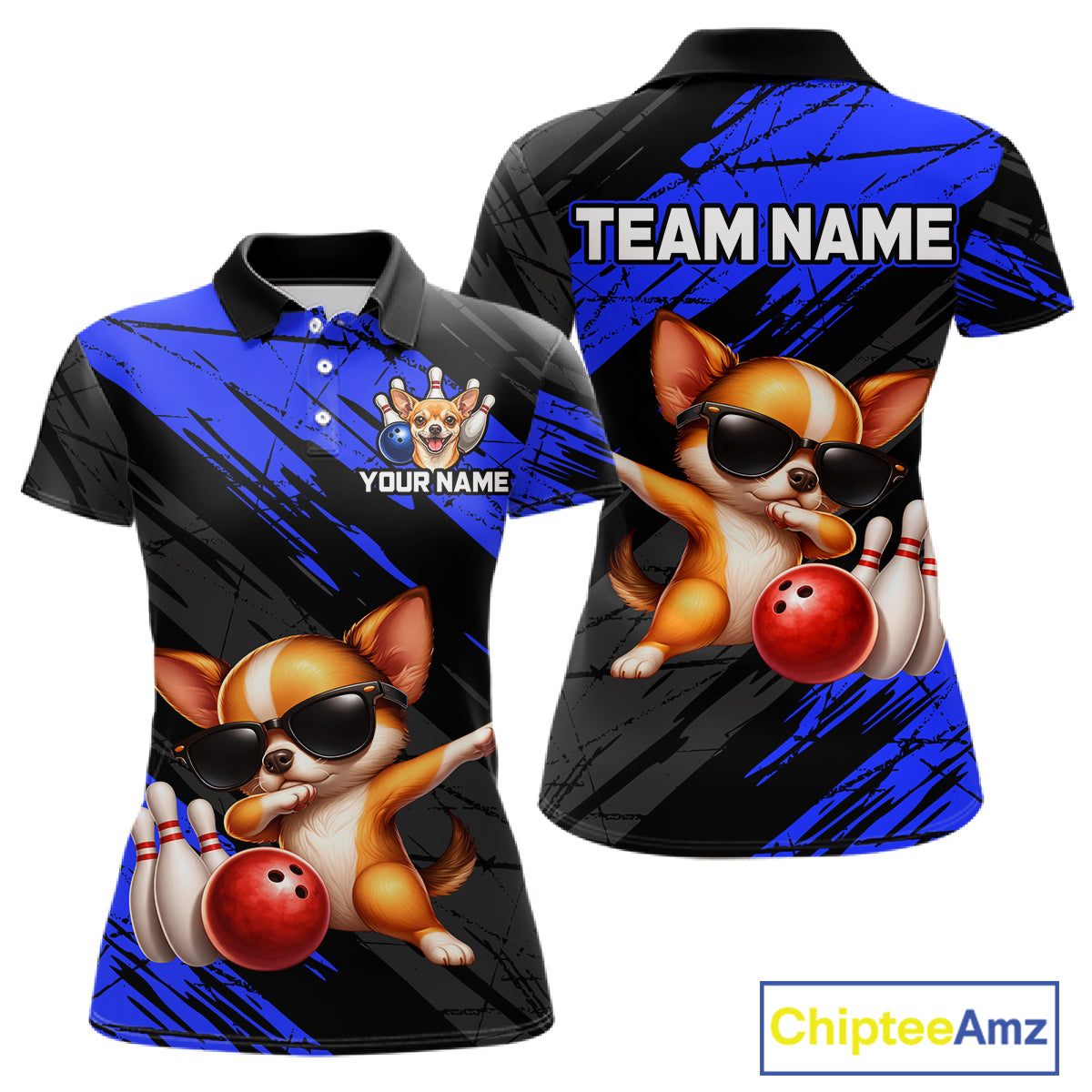 Polo shirt with a dog design holding a bowling ball, customizable text, and brand logo.