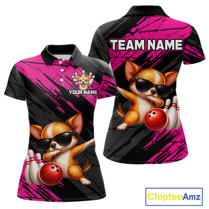 Polo shirt with a dog design and customizable text on a pink and black background